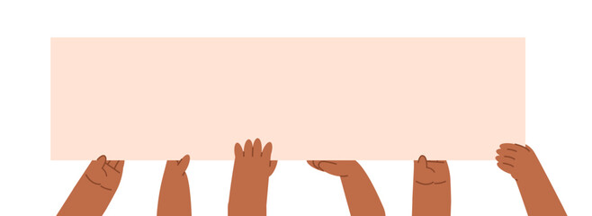 Fototapeta premium Cartoon African American hands holding a blank poster for advertising on an isolated background. Simple flat vector illustration