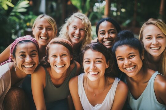 Portrait of smiling group of female yoga instructors