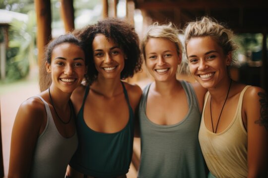 Portrait of smiling group of female yoga instructors