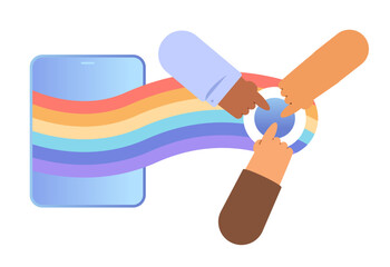 Multiracial hands swipe right rainbow from digital tablet. Unlock action cartoon vector illustration