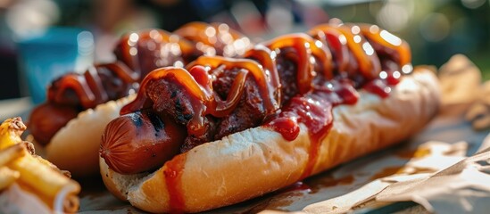 Barbecue food festival featuring a hot dog filled with ketchup, served outdoors in a park.