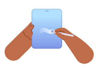 African American hands using stylus pen on digital tablet. Cartoon flat illustration