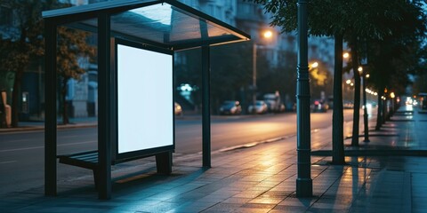 Blank Billboard Advertisement Mockup at Bus Stop: Nighttime Marketing Display