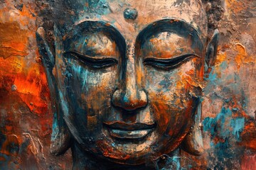 Buddha Portrait: Oil Painting with Abstract Background Symbolizing Meditation and Buddhist Culture