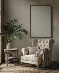 Beige Armchair and Mock-up Poster in Modern Living Room Interior - Home Design Concept
