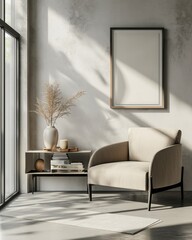 Beige Armchair and Mock-Up Poster in Modern Living Room Interior. Home Design Concept. 3D Rendering.