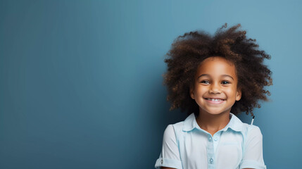 Smiling African American girl with shoulder patch post vaccination copy space 