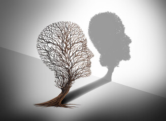 Emotion and mood disorder recovery as a tree shaped as two human faces with one half empty branches and the opposite side full of leaves as a medical metaphor for psychological feelings therapy.
