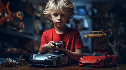 Boy with remote-controlled sports car toy and joystick. - obrazy, fototapety, plakaty