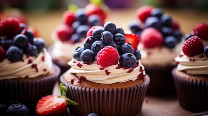 Close-up photo of cupcakes with strawberries and blueberries on a plate