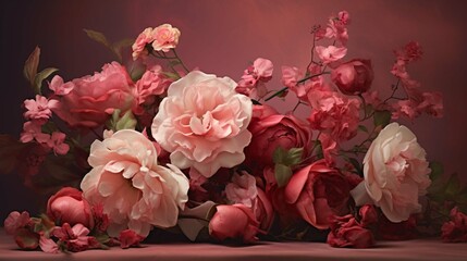 Flower composition featuring rosy shades of roses peonies and matthiola blossoms