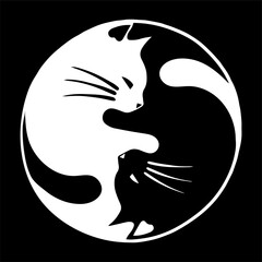 Yin Yang asian cats in black and white vector illustration, cats lover design