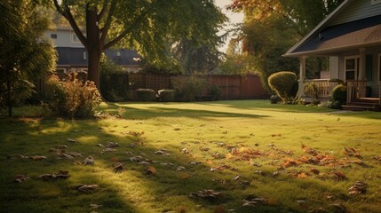 Newly mowed lawn in a residential yard - obrazy, fototapety, plakaty
