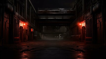 Fototapeta na wymiar Nighttime entrance to frightening city warehouse loading area