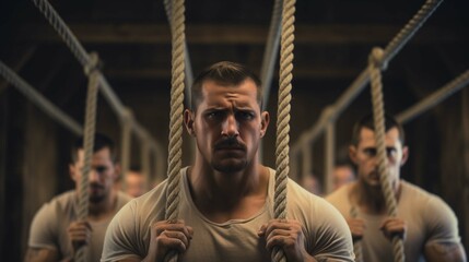 Obraz na płótnie Canvas Rope-using men at a functional training gym