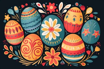 Set of Easter eggs decorative. Happy Easter hand drawn isolated on dark background.