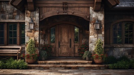 Fototapeta na wymiar Stone house with front porch and beautiful wooden door