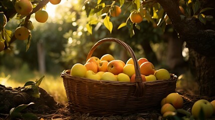 Yellow apples in basket under fruit tree