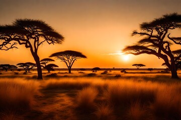 A vast savannah landscape under a sunset, with acacia trees silhouetted against a dramatically lit sky