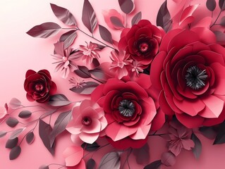 Creative floral background with red flowers and leaves. 3d render Generative AI