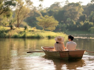 Two people in love sharing a serene moment while rowing a rustic wooden boat on a tranquil lake, chic straw hats, romantic scene