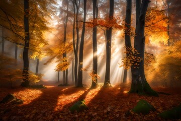A misty morning in an autumn forest, with sunbeams filtering through the colorful canopy and illuminating the fallen leaves