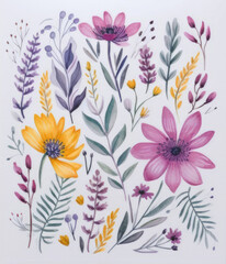 Botanical birthday card with vibrant flowers. Hand drawn style, with space for text