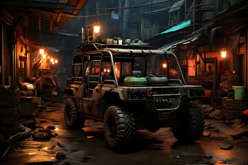 3D rendering of an off-road vehicle on the road at night