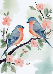 Two birds on a branch with flowers. Watercolor illustration. Valentine's Day