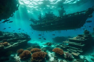A sunken shipwreck on the ocean floor, surrounded by marine life and coral formations
