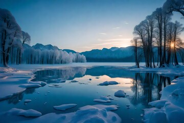 Fototapeta premium Paint a picture of a frozen lake at twilight, its icy surface reflecting the soft hues of a setting sun in a world hushed by winter's chill.