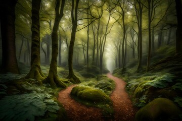 Document a quiet woodland path as rain trickles through the canopy, creating a natural umbrella of...
