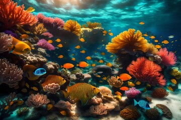 A vibrant coral reef underwater scene, teeming with colorful marine life. Sunlight filters through the water, illuminating the corals and the myriad of fish swimming amongst them