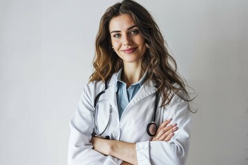 Smiling female doctor in medical attire with arms crossed, standing against a white background, capturing the essence of compassionate and skilled healthcare