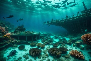 A sunken shipwreck on the ocean floor, surrounded by marine life and coral formations