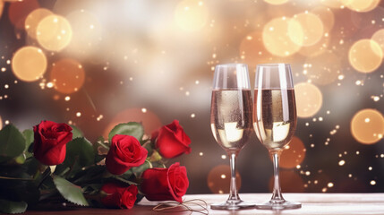 Valentine's Day, wedding, birthday celebration holiday greeting card banner concept - Clinking glasses, sparkling wine or champagne glasses and red roses on table with bokeh lights in the background 
