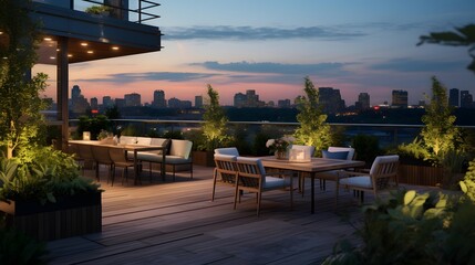 Luxury terrace in the evening. Panoramic view