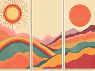 set of vertical banners with mountains, sun, sun and hills. Generative AI