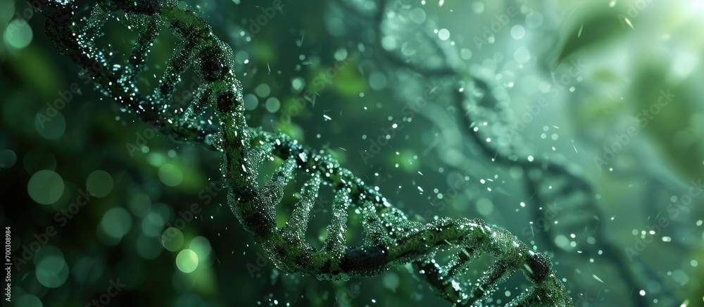 Wall mural Biological background, DNA structure, ai render on green background, illustrating medicine, research, experiments, virus, disease.