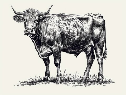 hand drawn illustration of a cow. Engraving style. Generative AI