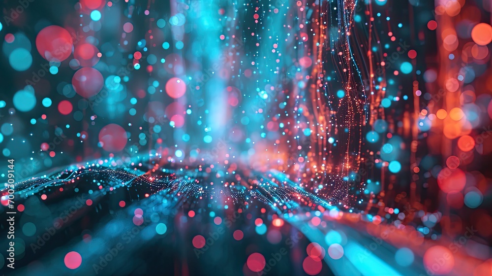 Poster abstract particles in empty space with depth of field and bokeh effect. futuristic background with d