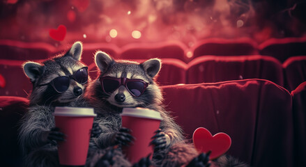 a cute racoon couple on a date at the movie theater