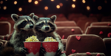 a cute racoon couple on a date at the movie theater