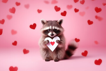 Fototapeta na wymiar a cute racoon holding a valentine's day heart on a clean colorful background