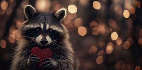 a cute racoon holding a valentine's day heart - obrazy, fototapety, plakaty