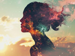 Silhouette of a beautiful girl with closed eyes against the background of a colorful galaxy Generative AI
