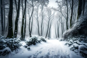 Fototapeta premium A secluded path in a snowy forest, with thick snow clinging to the trees and a soft mist hanging in the air