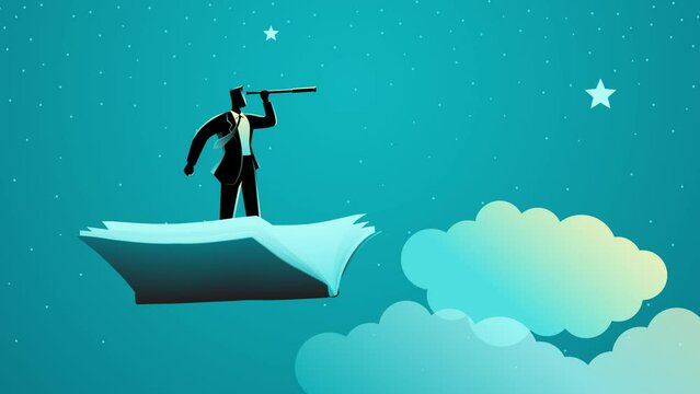 Business concept motion graphic of businessman using telescope on flying book, knowledge, references, opportunity, vision in business