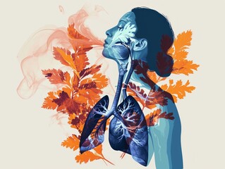 Illustration of a woman with lungs in autumn. illustration. Generative AI - obrazy, fototapety, plakaty