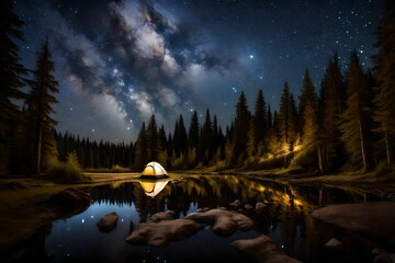 A campsite near a calm forest stream under a starry night sky, with the reflection of the stars shimmering on the water's surface